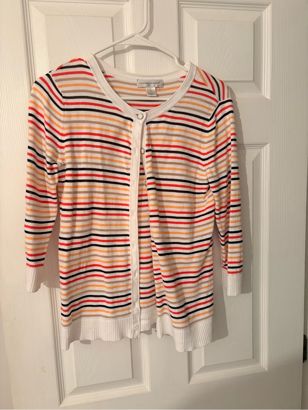 Christopher & Banks Striped Cardigan in White with Multicolored Stripes. Size S